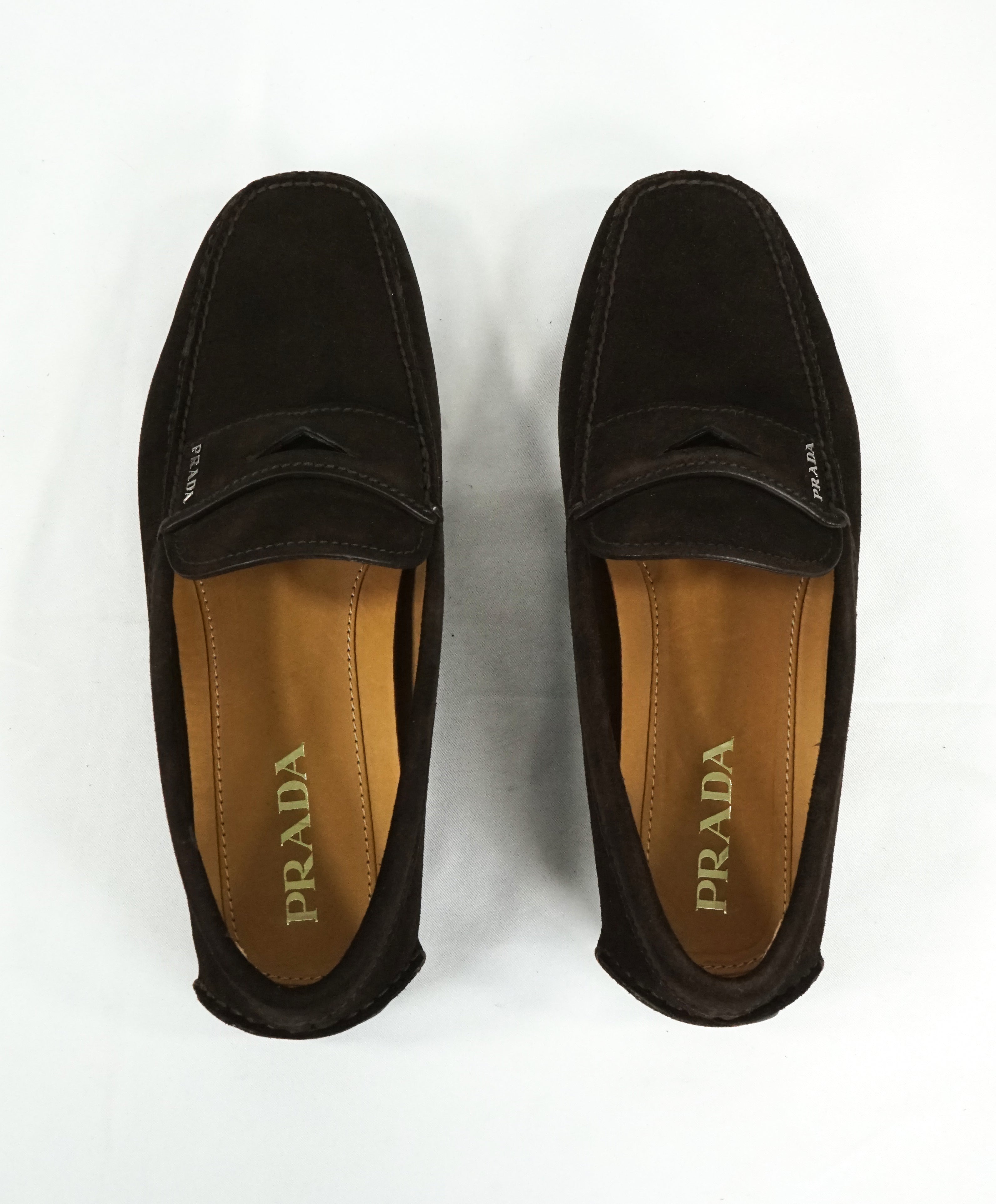 PRADA - Brown Suede Penny Loafers With Silver Logo Lettering - 8.5 ...