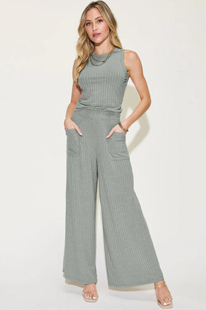 Basic Bae Full Size Ribbed Tank and Wide Leg Pants Set - The Pink Room 