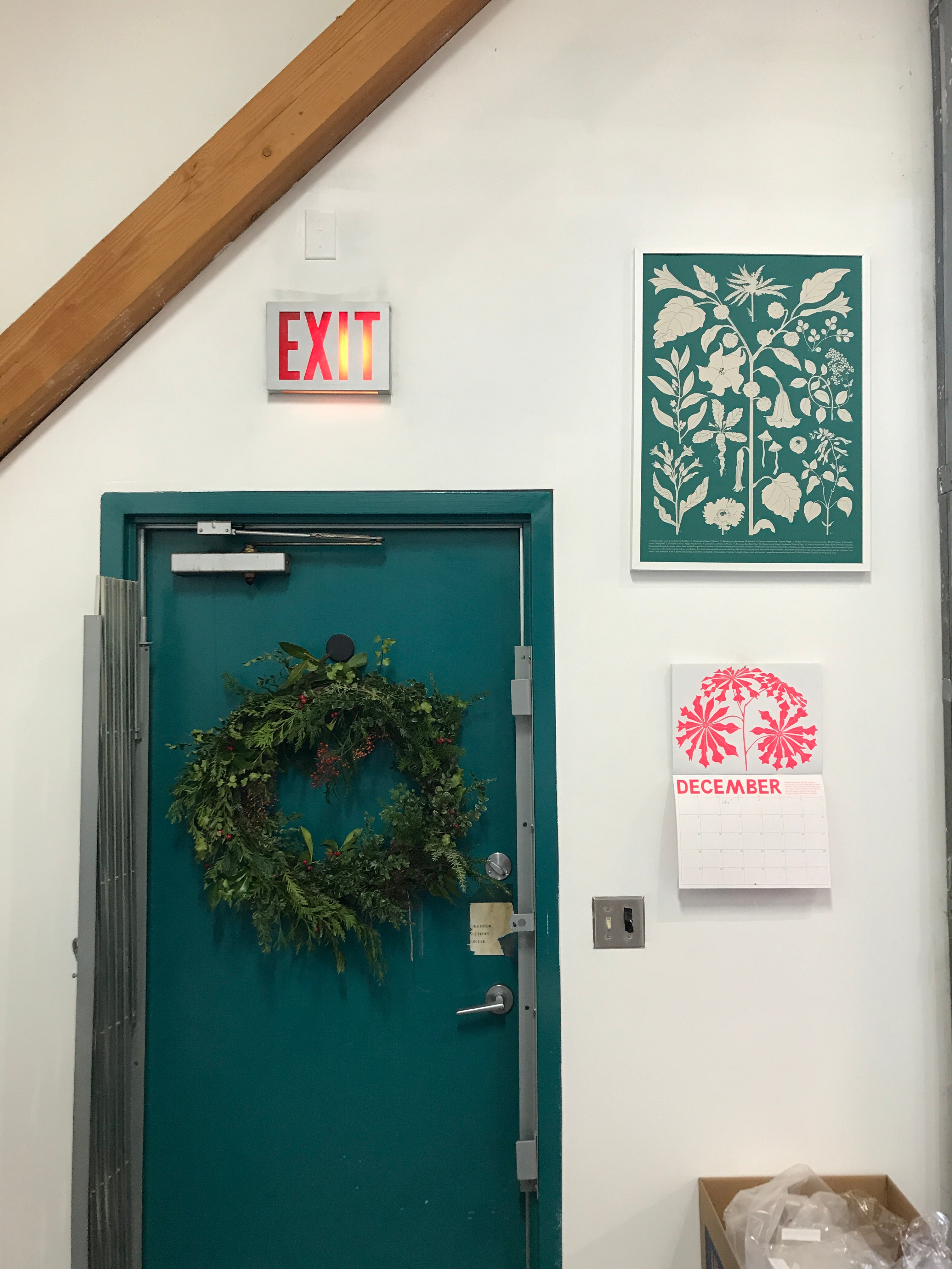 a wreath, a calendar, and a fantastic plants print