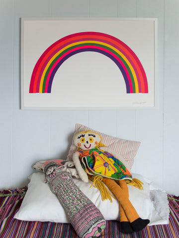 Styled shot of Banquet Workshop's Rainbow screen print, perfect in a kid's room!