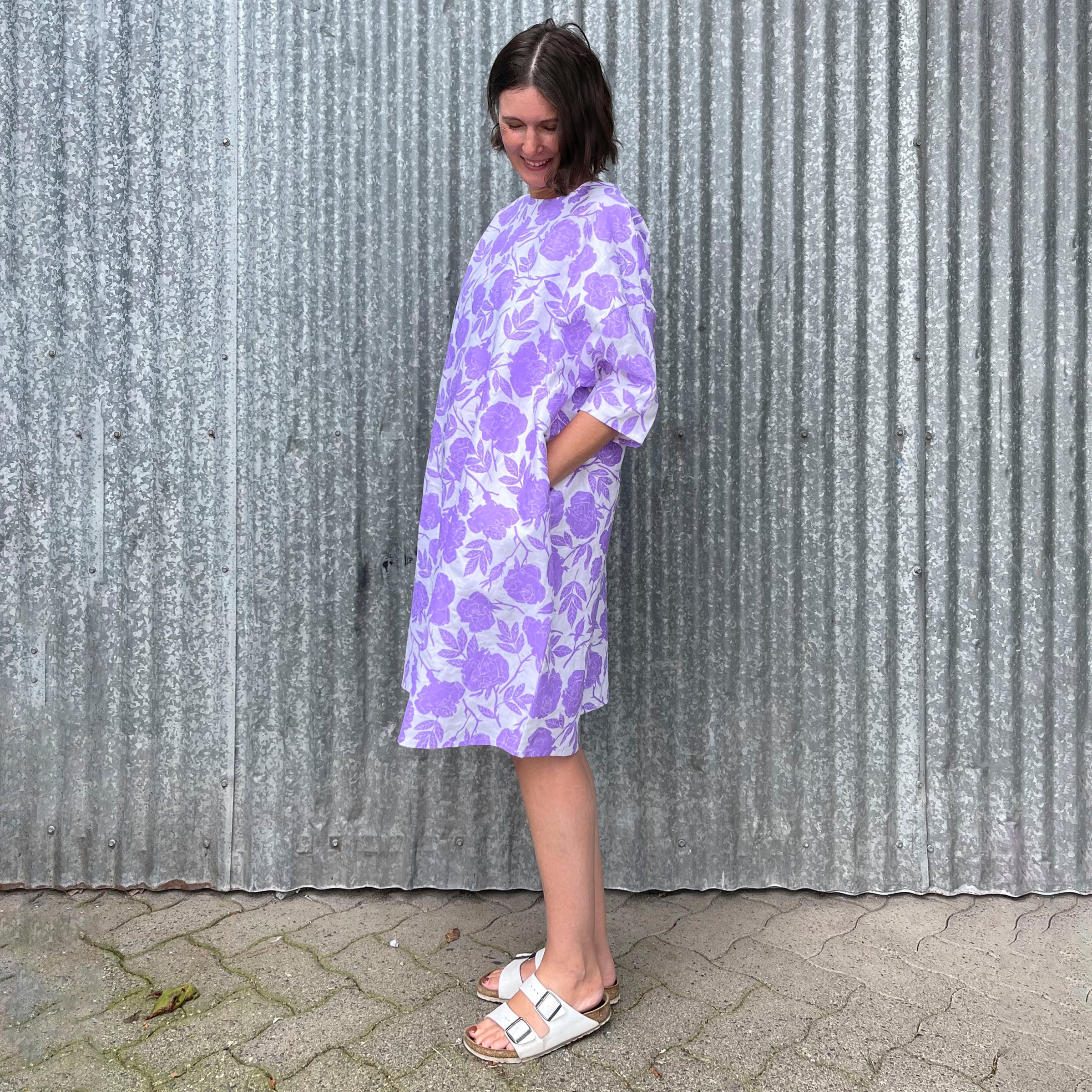 simply linen shift dress with a pattern of lavender rose blooms