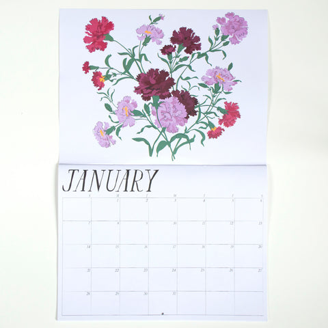 Carnations for january in Banquet Workshop's 2018 floral-themed calendar