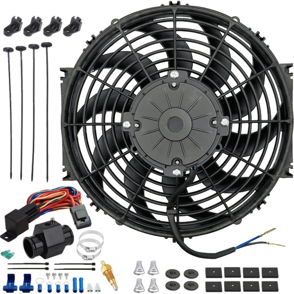 12-13" Inch 180w Electric Cooling Fans Radiator In-Hose Fitting Ground Thermostat Temp Switch Wiring Kit - American Volt