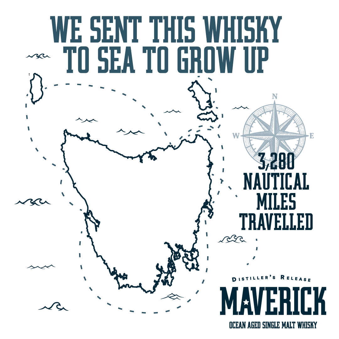 Map of Tasmania, showing various locations where the MV Maverick took Iron House's Maverick Whisky