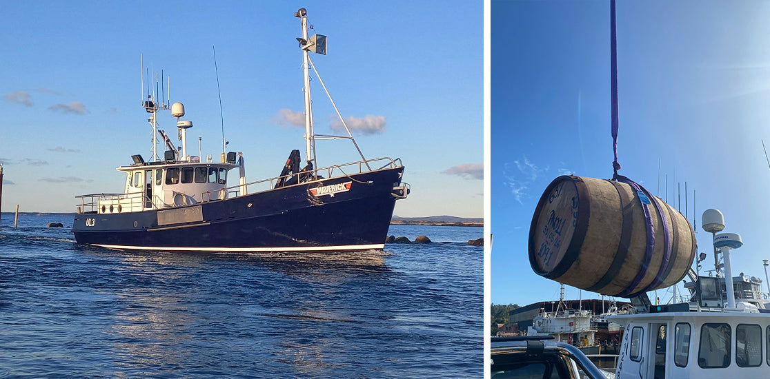 Image of the Iron House Maverick Whisky being loaded aboard the MV Maverick, and a second photo of the MV maverick at Sea.