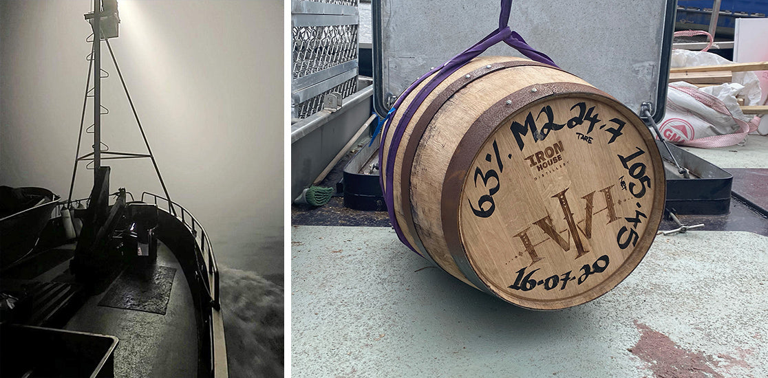 Image of the Iron House Maverick Whisky being loaded aboard the MV Maverick, and a second photo of the MV maverick at Sea.