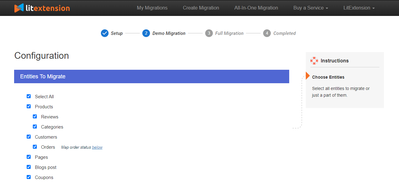 Pick the data to migrate from Magento to Shopify