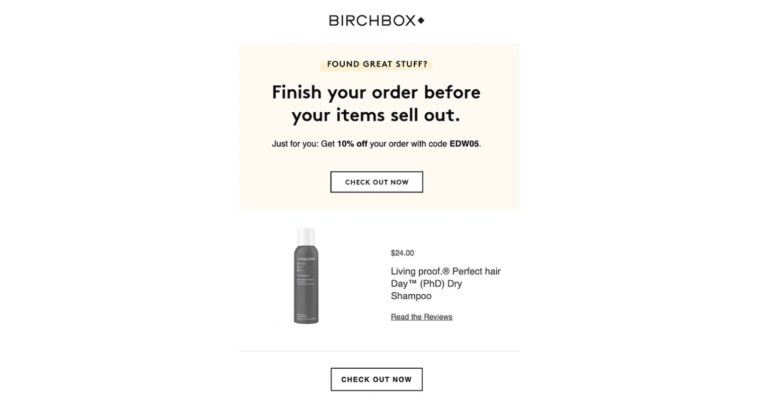 Birchbox abandoned cart best practices with email discount reviews