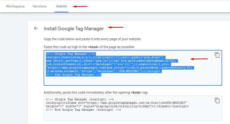Get Google Tag Manager Code in head