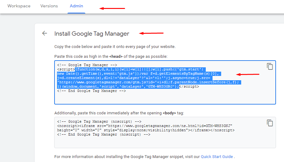 Get Google Tag Manager Code in head no script