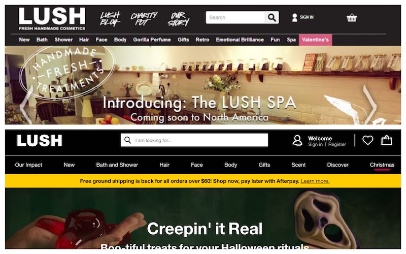lush complicated navigation menu in the past | ui ux web design mistakes