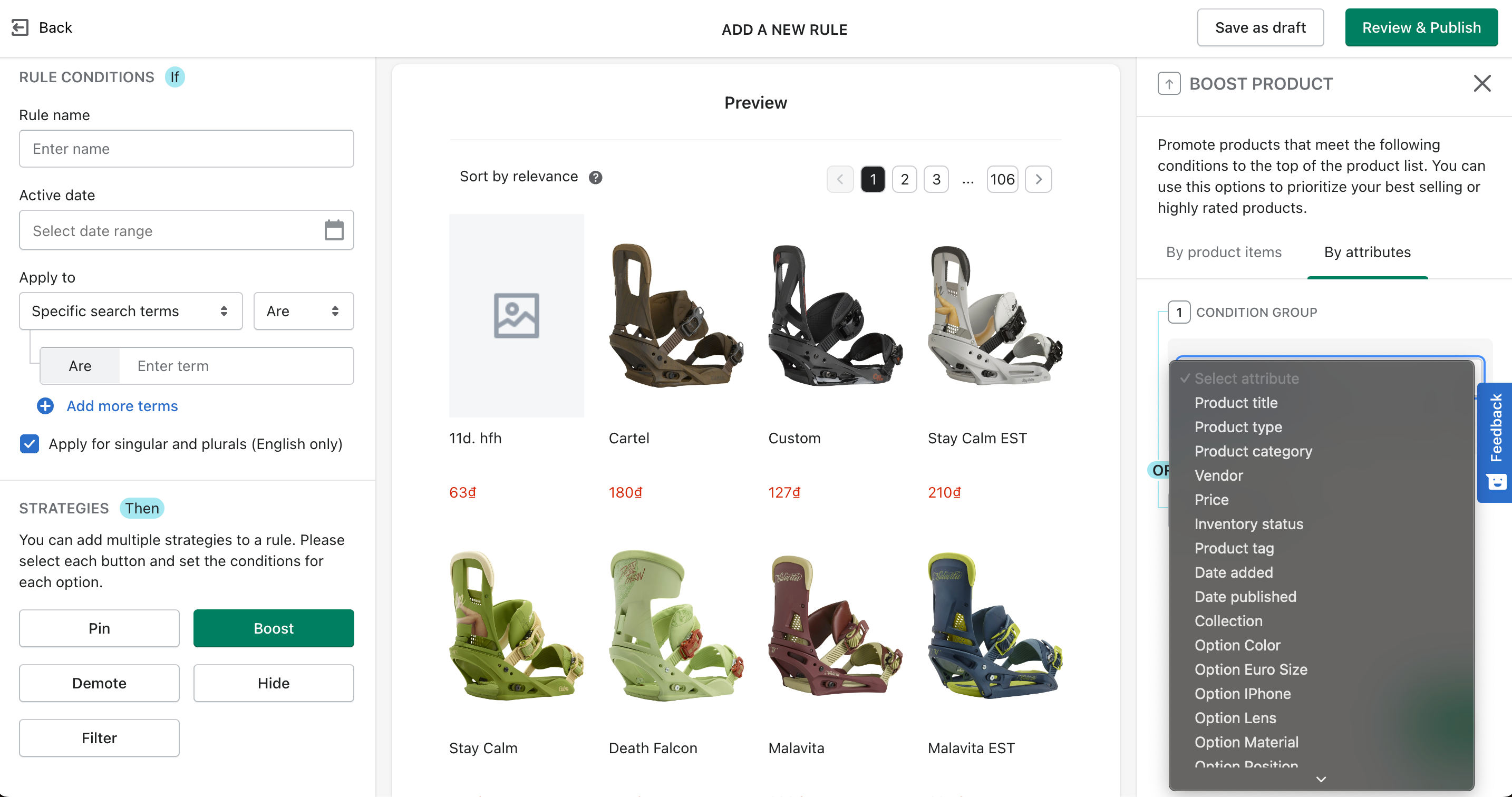 set up merchandising rule in boost ai search and discovery