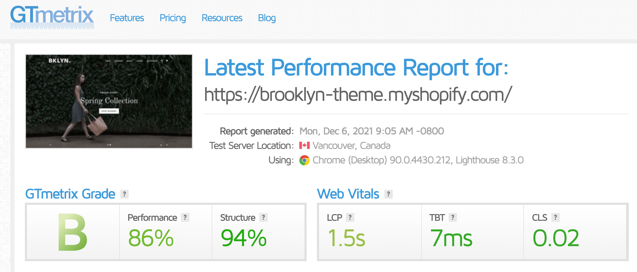 Shopify Brooklyn theme speed check in GT metric