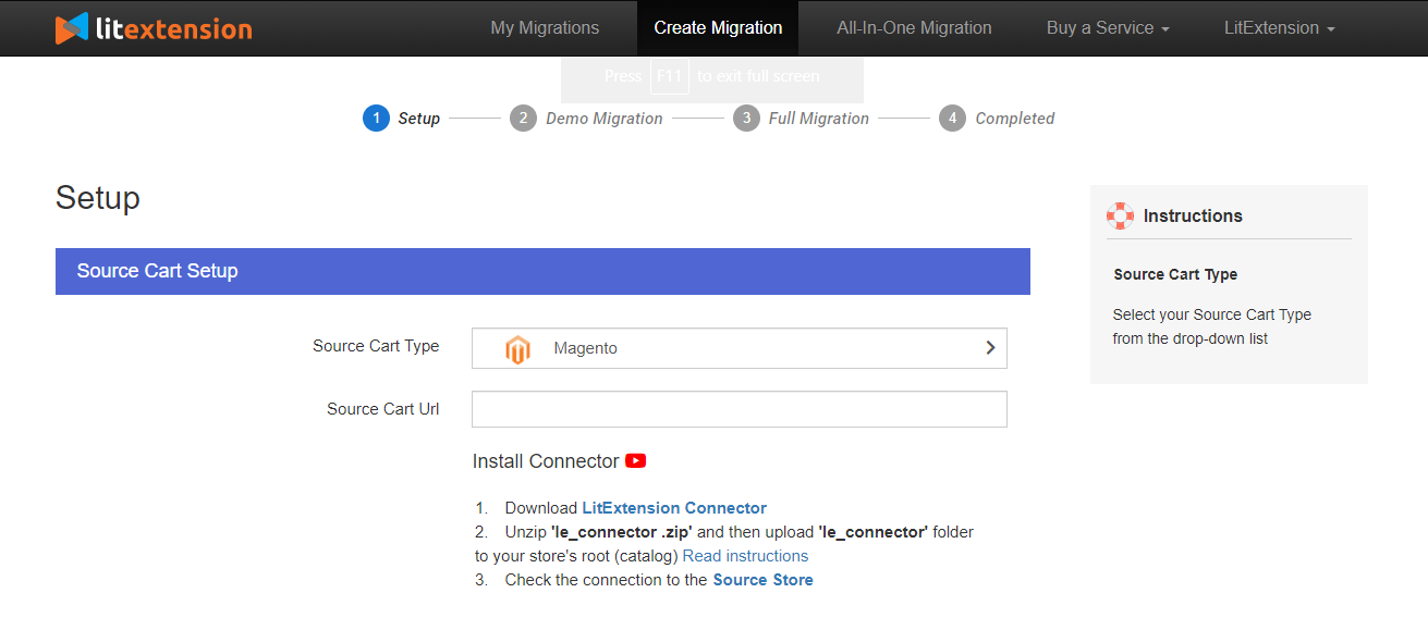 Choose Magento as your Source Cart