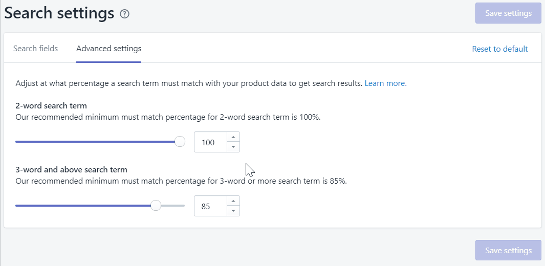 advanced search settings minimum percentage match search term Boost Product Filter & Search App