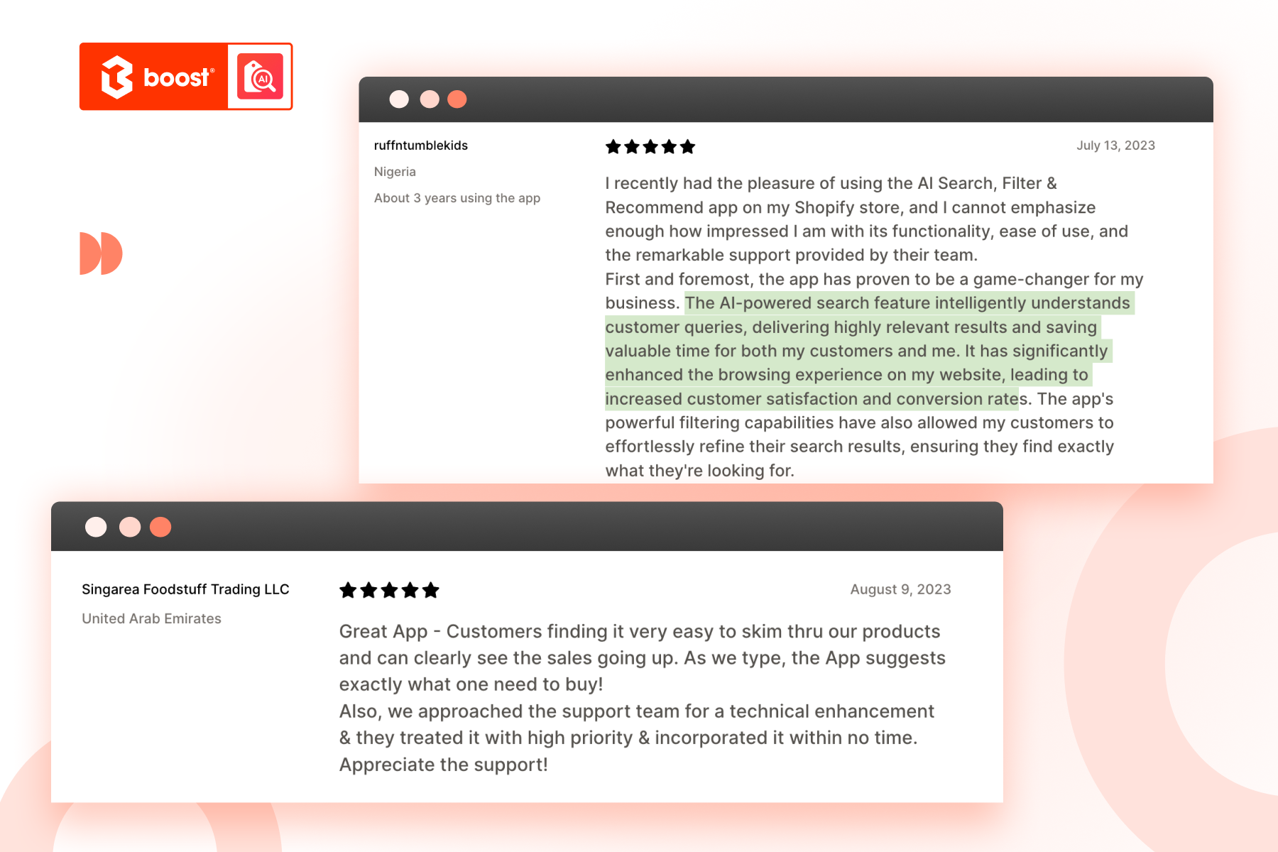 testimonials for boost smart search feature | shopify search app | shopify merchandising app