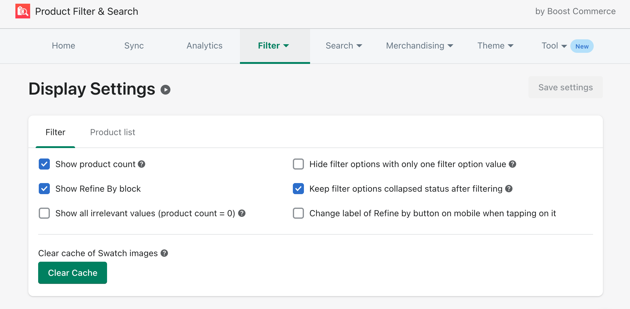 shopify online store 2.0 display settings with boost product filter & search