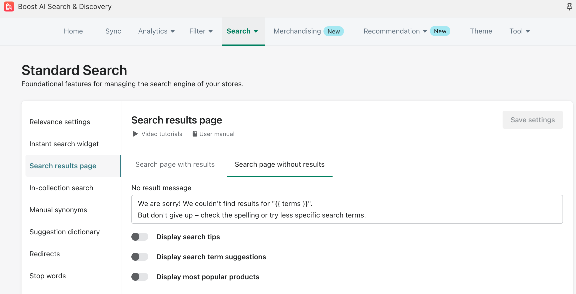 search page without results settings