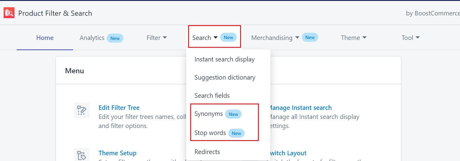 new features boost commerce search synonyms stop words Boost Product Filter & Search App