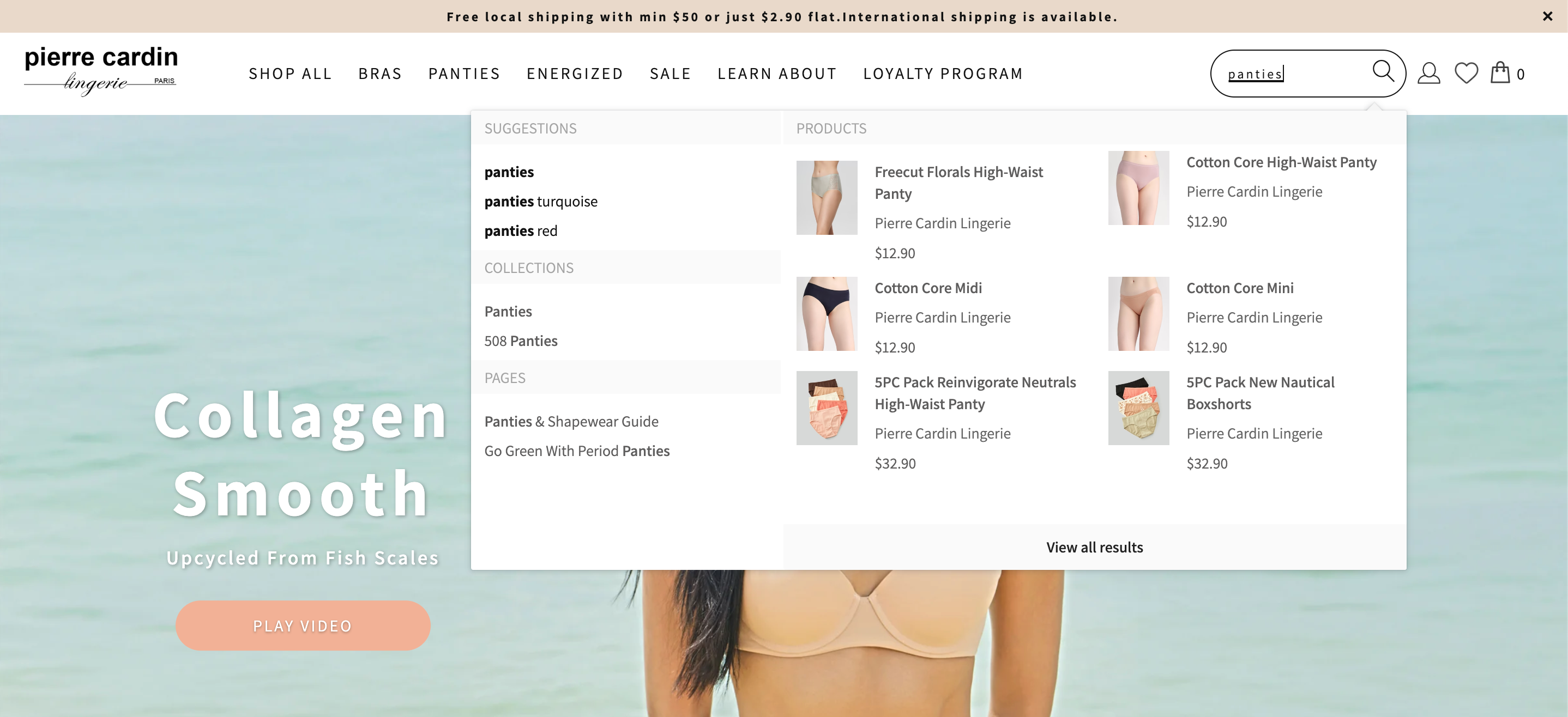 pierre cardin lingerie store instant search dropdown using boost