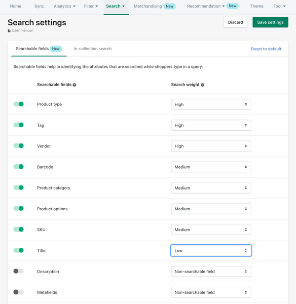 edit searchable fields in boost shopify search app