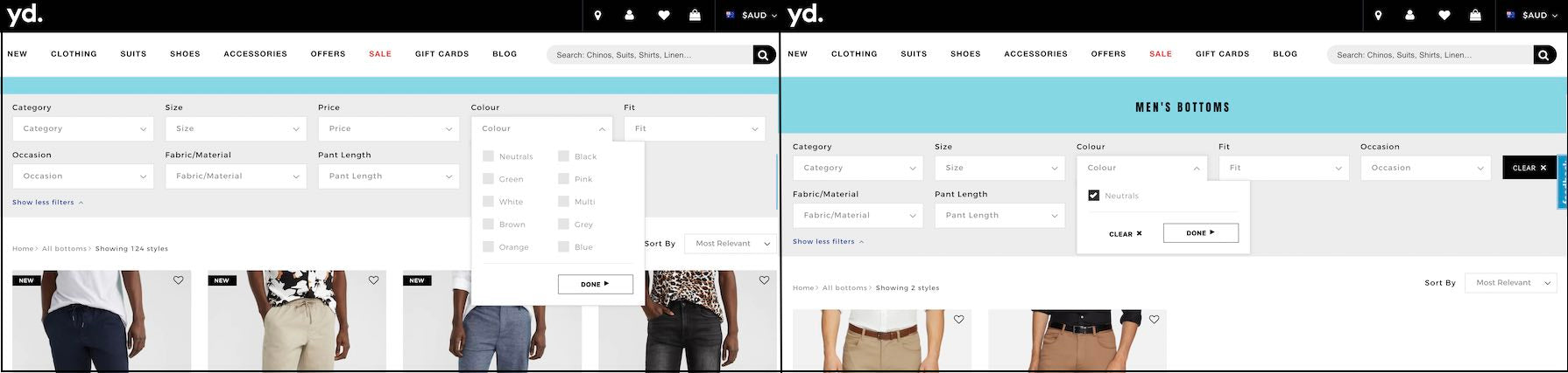 inefficient product filters on ecommerce website