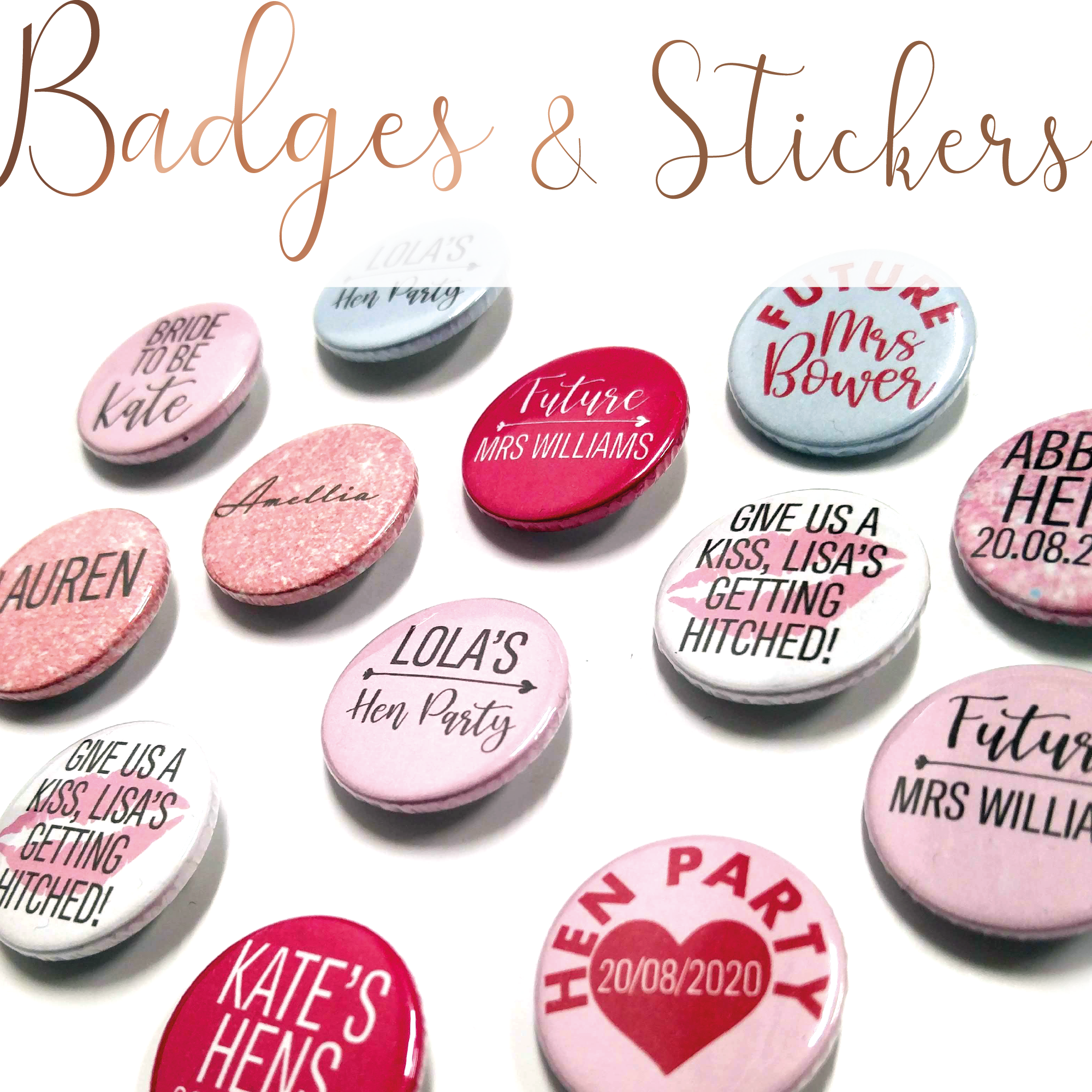 badges and stickers for hen party stag party and wedding favours