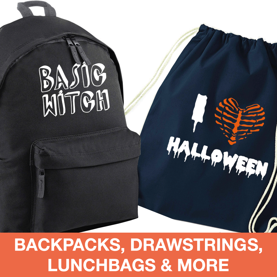 Halloween themed rucksacks, drawstring sports bags, lunchbags and more