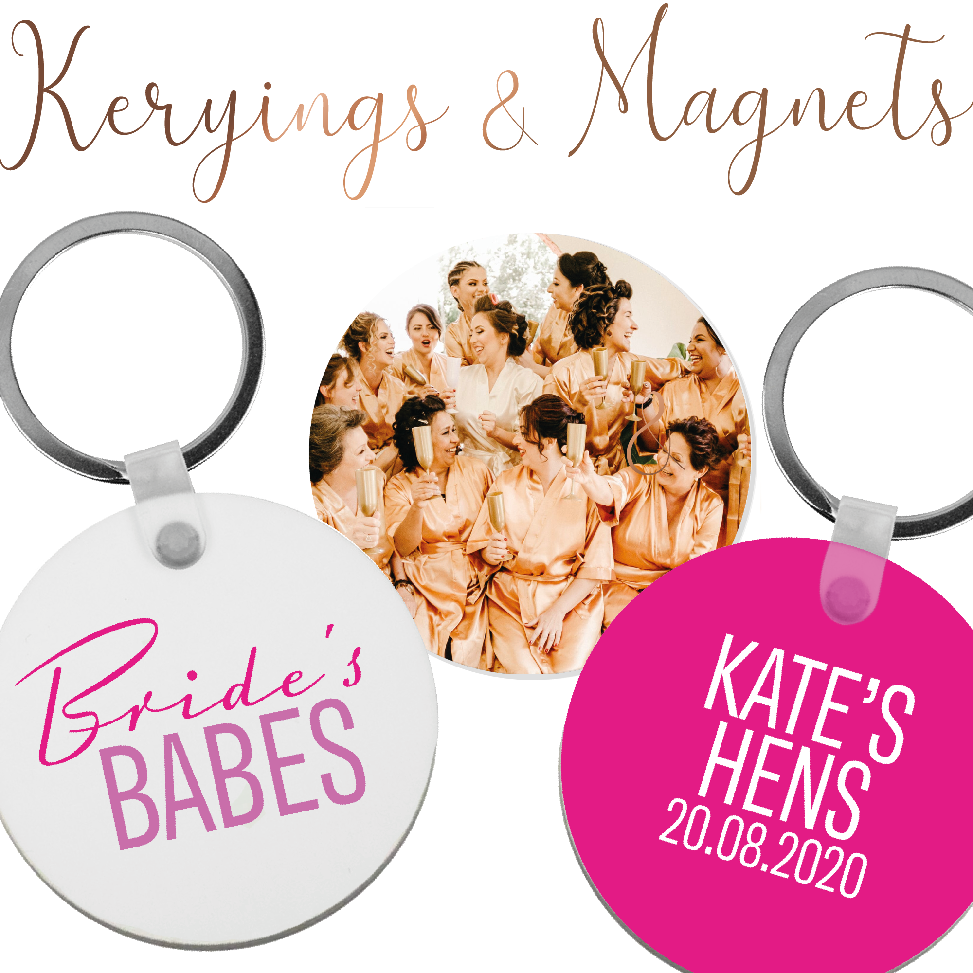 wedding themed keyrings and magnets for stags hens and bridal parties