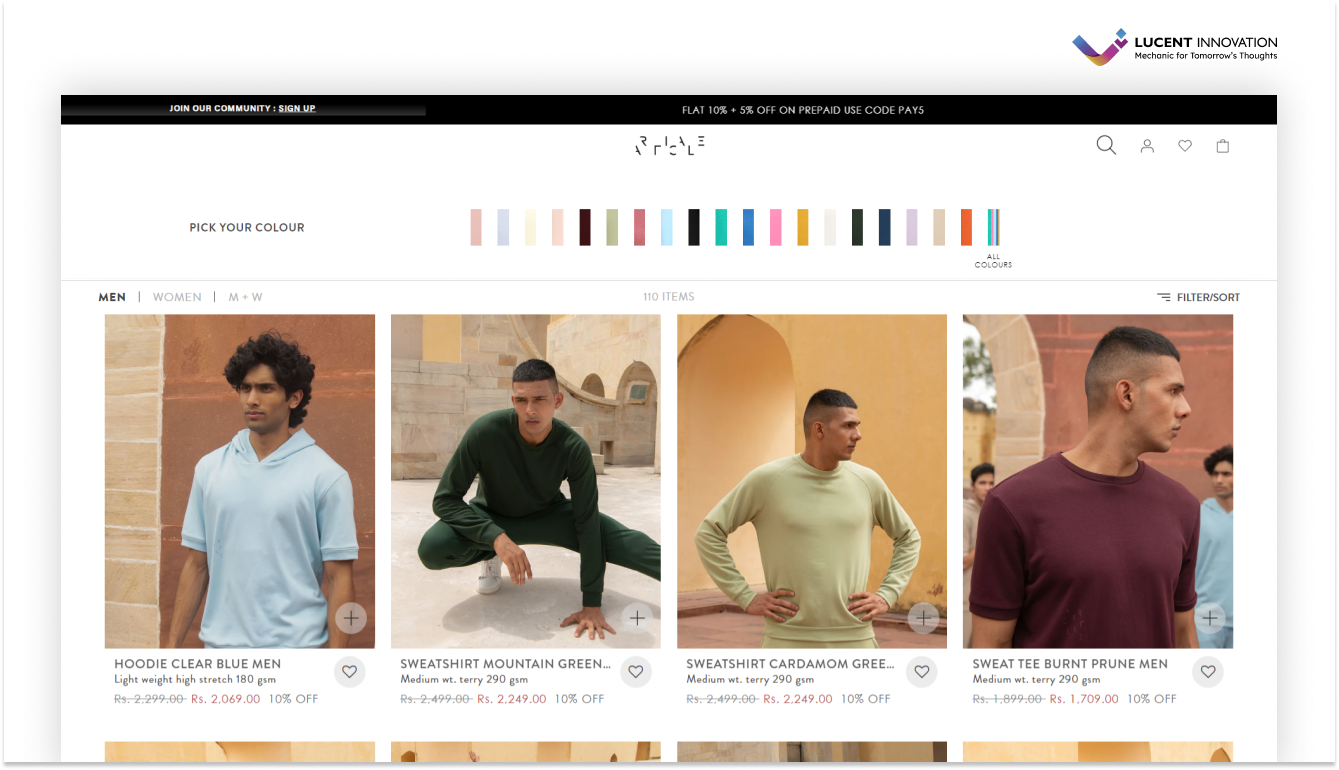 Articale clothing website screenshot from men's section