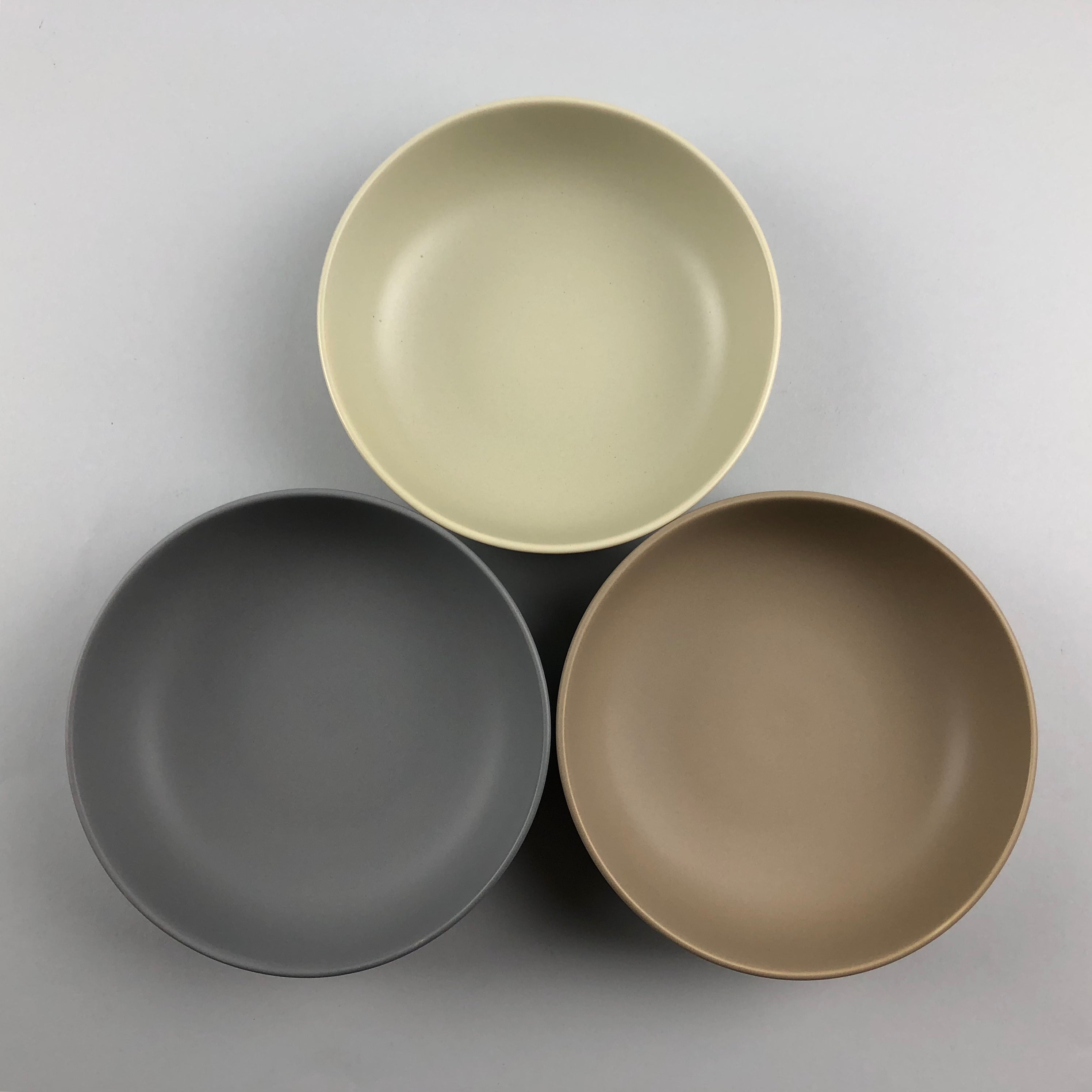 Matte Organic Shaped Bowl, 32 oz in gray, taupe(brown), and pistachio(beige)
