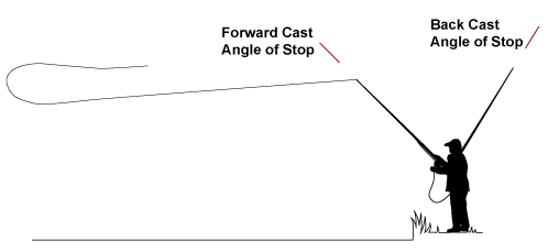 Stopping angles for a forward cast and backcast with a fly rod.
