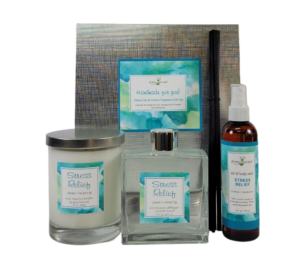 Stress relief home fragrance gift box set with 13oz zero waste candle, 7oz reed diffuser and 4oz air & body mist packaged in a silver linen box.