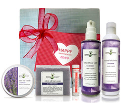 Organic Lavender Valentine's Gift Set with coconut creme tin candle, bar soap, lip balm, body wash and lotion