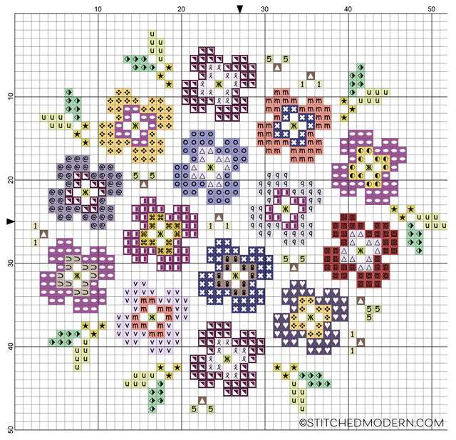 free-cross-stitch-pattern-pansy-bouquet-on-black-stitched-modern