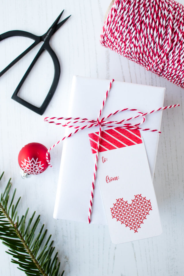 Free printable cross-stitch inspired holiday gift tags