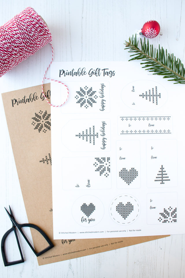 Free printable cross-stitch inspired holiday gift tags
