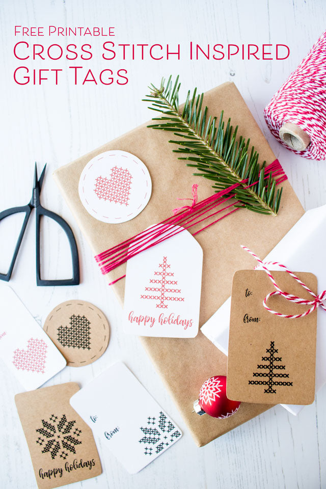 Free printable cross-stitch inspired holiday gift tags