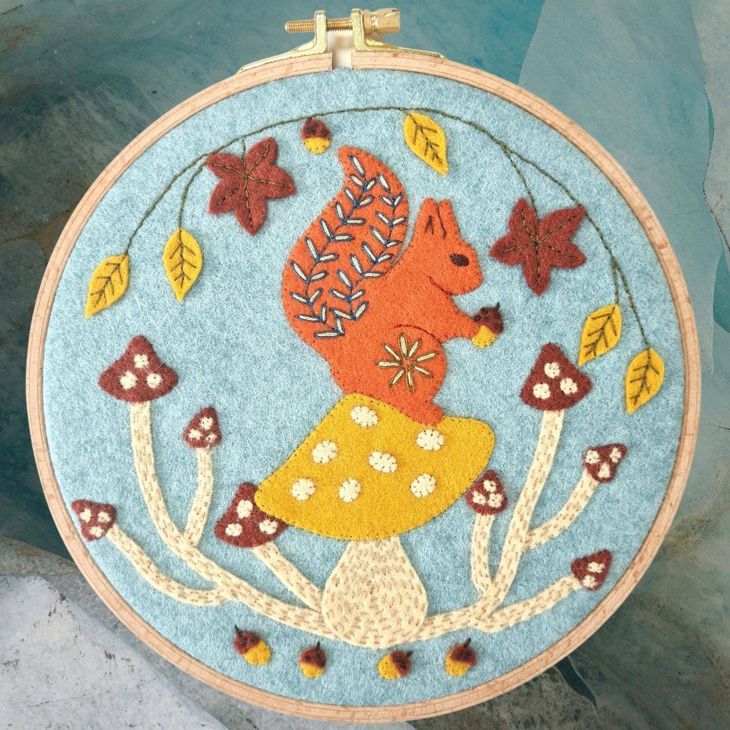 wool felt bacon and egg wall hanging in a 6 inch embroidery hoop 