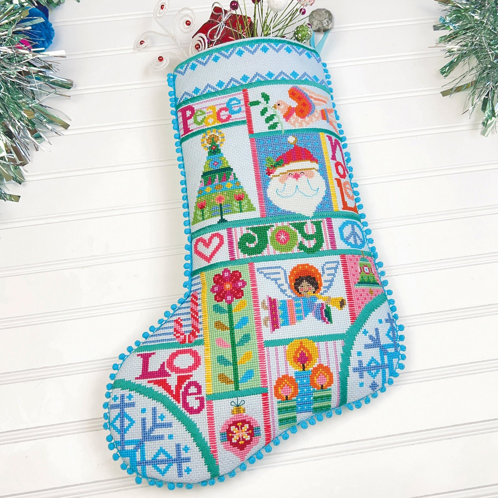 Sky High Santa Christmas Stocking Cross Stitch Pattern - Stitched