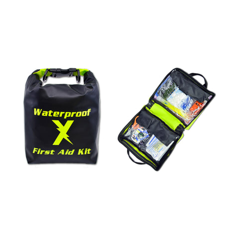 104-Piece First Aid Kit with Waterproof DRY Bag: Essential for schools, sports, outdoor adventures, and travel. Comprehensive first aid and survival supplies packed in a high-visibility fluorescent yellow DRY bag that floats! Features adjustable shoulder strap, tamper-evident zippers, and reflective "FIRST AID KIT" print. Compact yet loaded, measuring 8"x7"x4", ensuring preparedness in emergencies. Ideal for ensuring safety and peace of mind.
