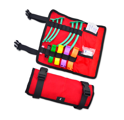 The image shows an open and rolled-up Lightning X Oral & Nasal Airway Roll Kit. It features organized compartments with color-coded oropharyngeal and nasopharyngeal airways, along with a CPR face shield. The kit is red with black straps, indicating its portability and durability, essential for quick access and efficient use by medics and first responders.