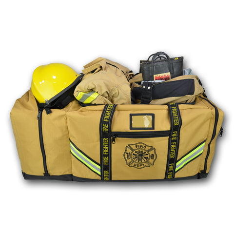 The image shows a robust Yellow firefighter gear bag with reflective strips, multiple compartments, and a yellow helmet. It's marked with "FIRE DEPT" and includes a name tag.