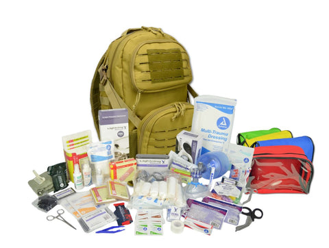 The uploaded image shows a comprehensive Tactical Trauma Kit or IFAK, including medical essentials like bandages, tourniquets, antiseptic wipes, and scissors, all housed in a portable backpack for field emergencies.