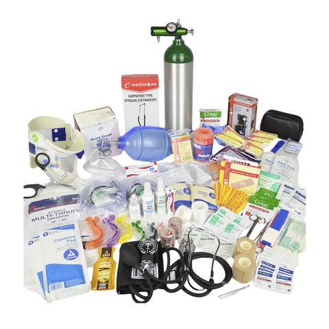 This image depicts an array of medical supplies spread out for display. Items include an oxygen cylinder with regulator, various bandages, gauze pads, stethoscope, blood pressure cuff, respiratory masks, a neck brace, and multiple topical solutions and ointments. Each item is visible, representing a well-equipped medical emergency kit that’s comprehensive and prepared for various medical situations.