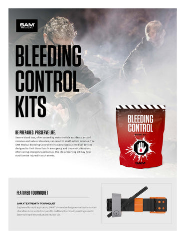 The image appears to be an advertisement for SAM Medical's Bleeding Control Kits. The ad features a photo of two individuals, one inspecting a motorcycle, and text promoting the kit's use in emergencies such as vehicle accidents and violent incidents. The kit is described as containing essential medical devices to limit blood loss, and there is a highlighted feature of a tourniquet, described as having an innovative design for ease of use. The overall message is to be prepared and preserve life by using the kit to stabilize the injured in traumatic situations.