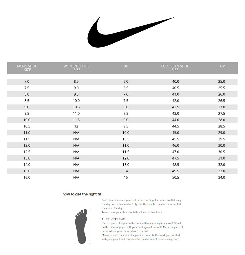 Nike Size Chart Bragg Shoes