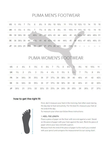 puma sneakers size chart