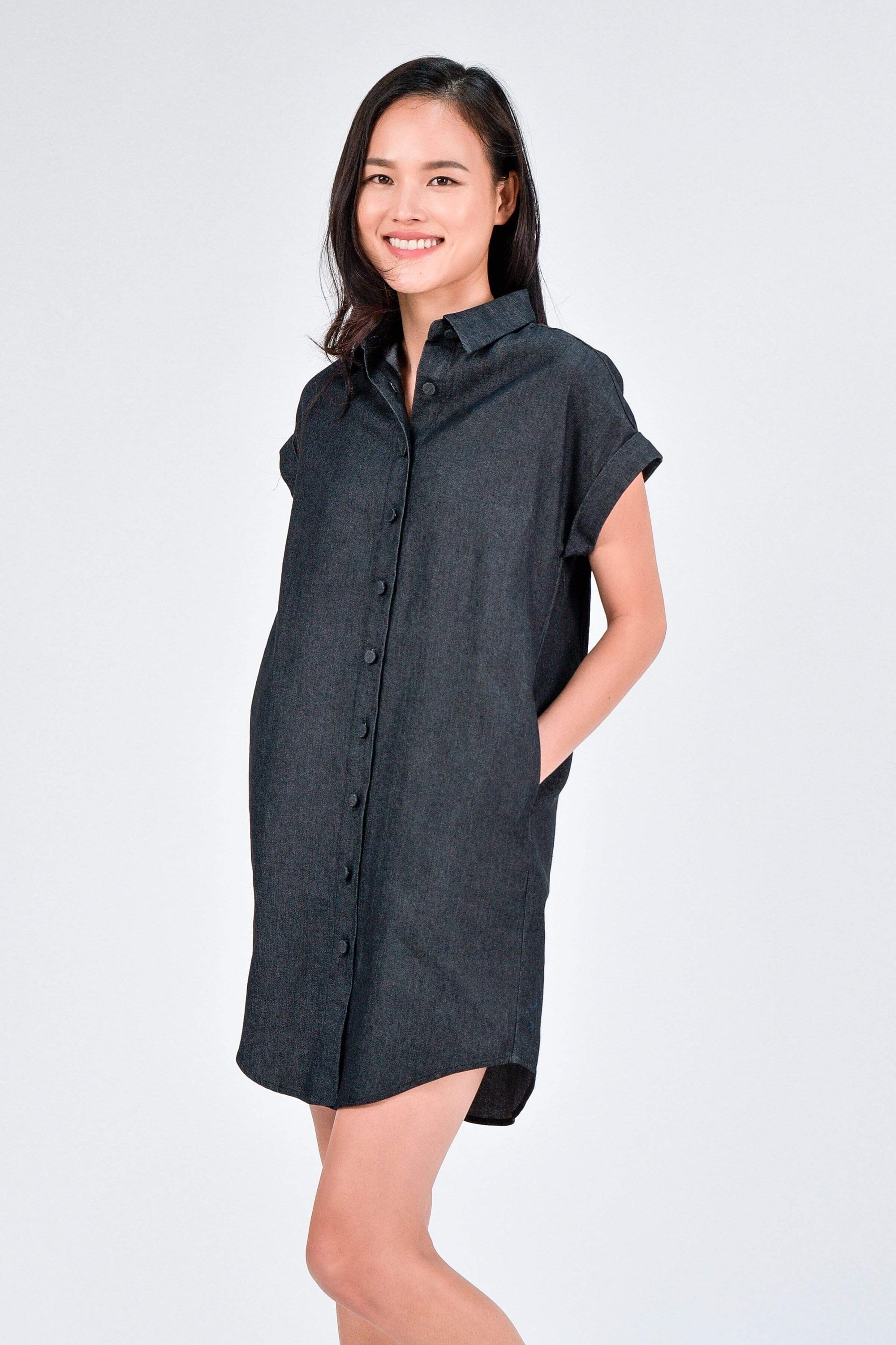 black dress and denim shirt