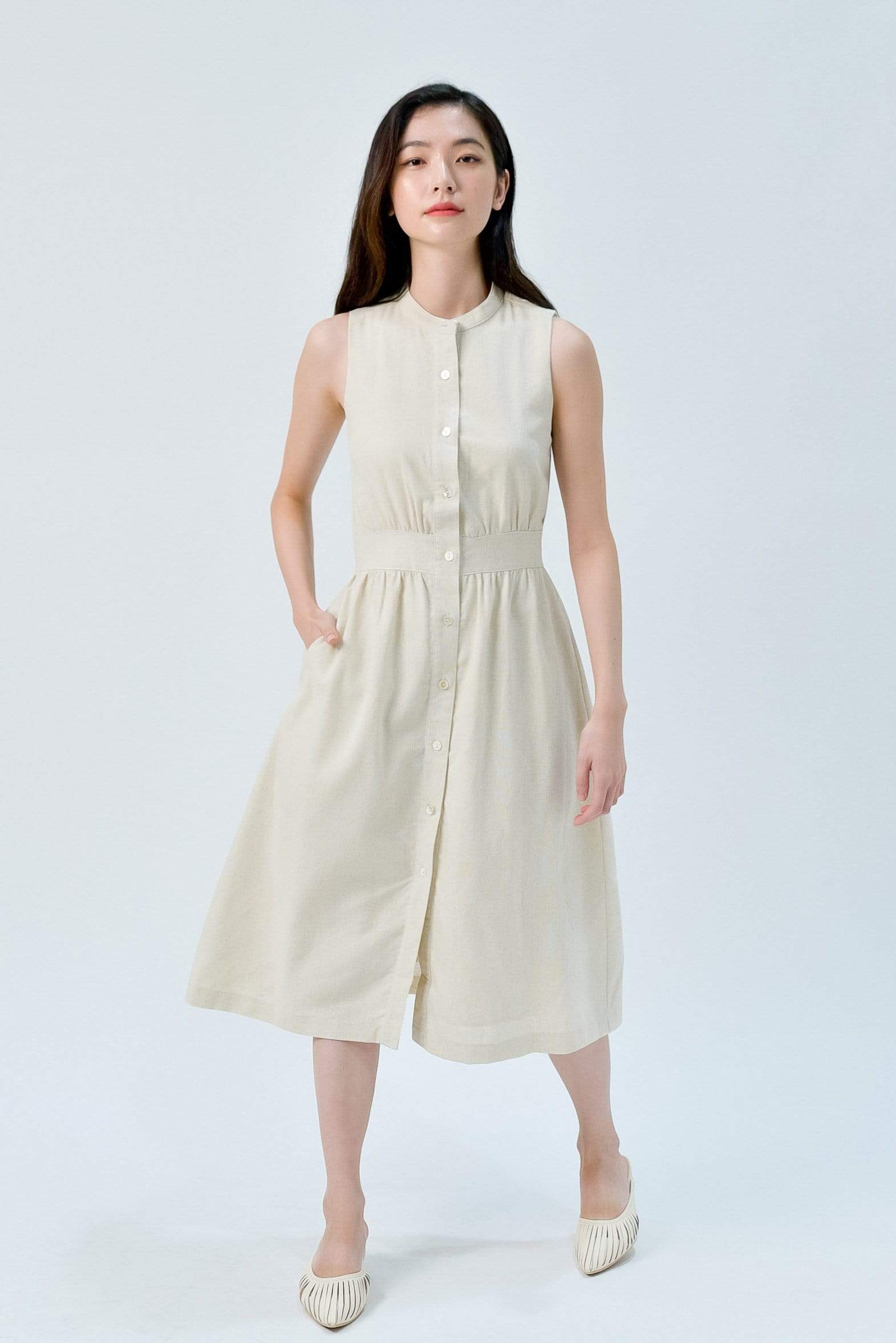 white button down linen dress